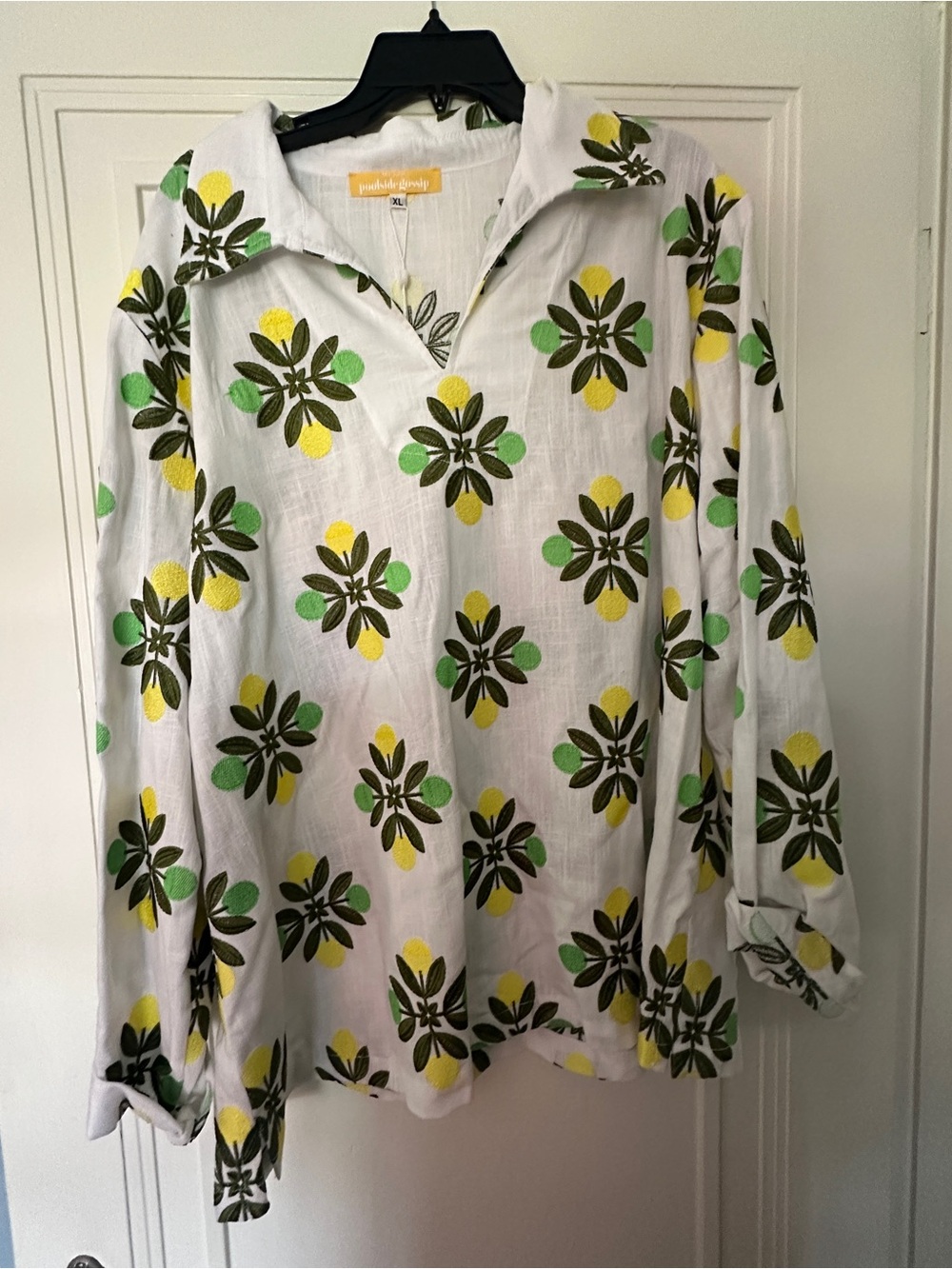 White Floral Split-Neck Tunic with Green & Yellow Motif